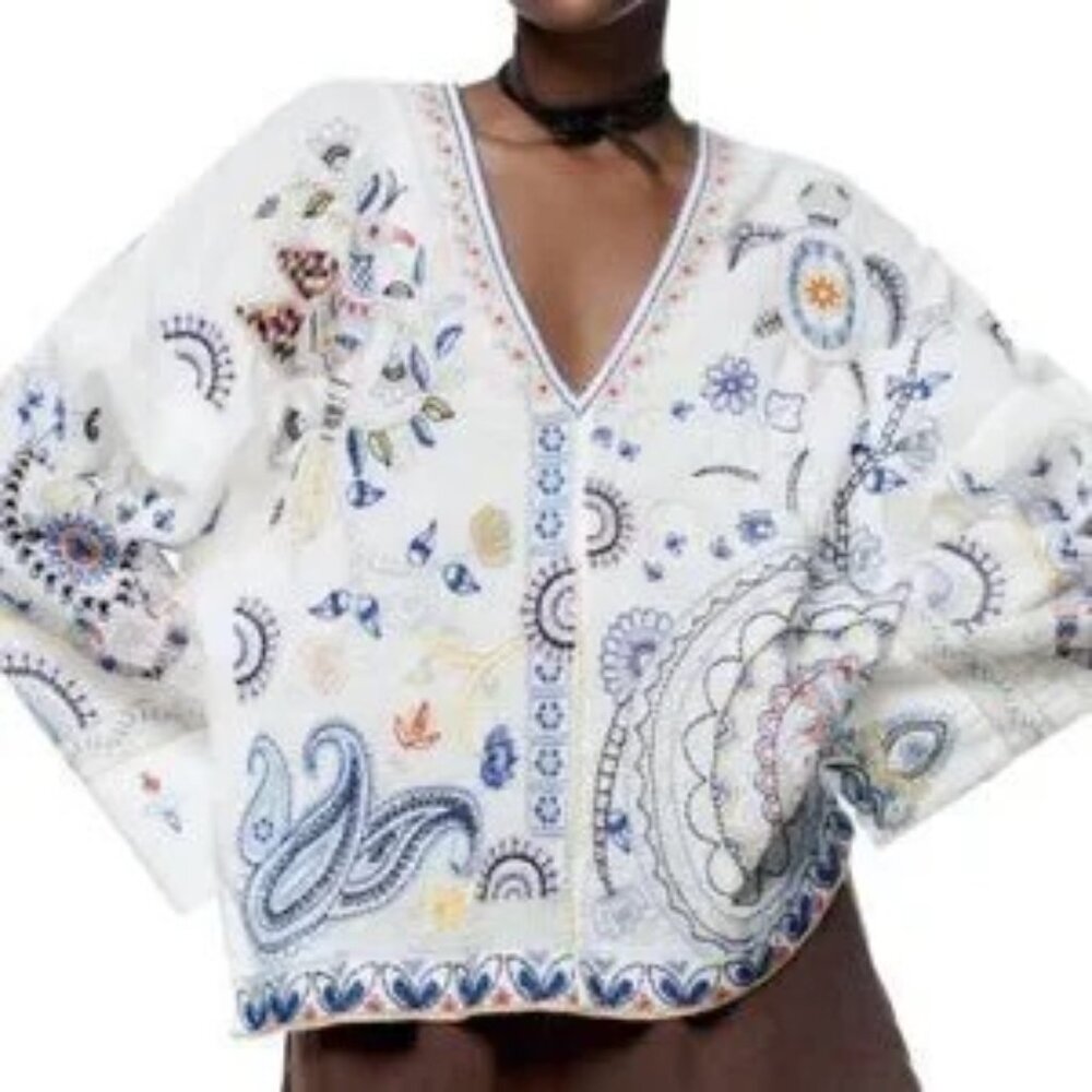 Zara White Blouse with Blue and Red Embroidery Size L